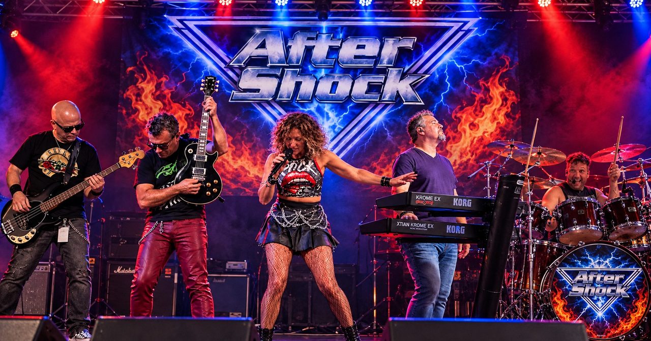After Shock performing live on stage: bass, guitar, lead vocals, keyboards and drums in front of the After Shock banner.